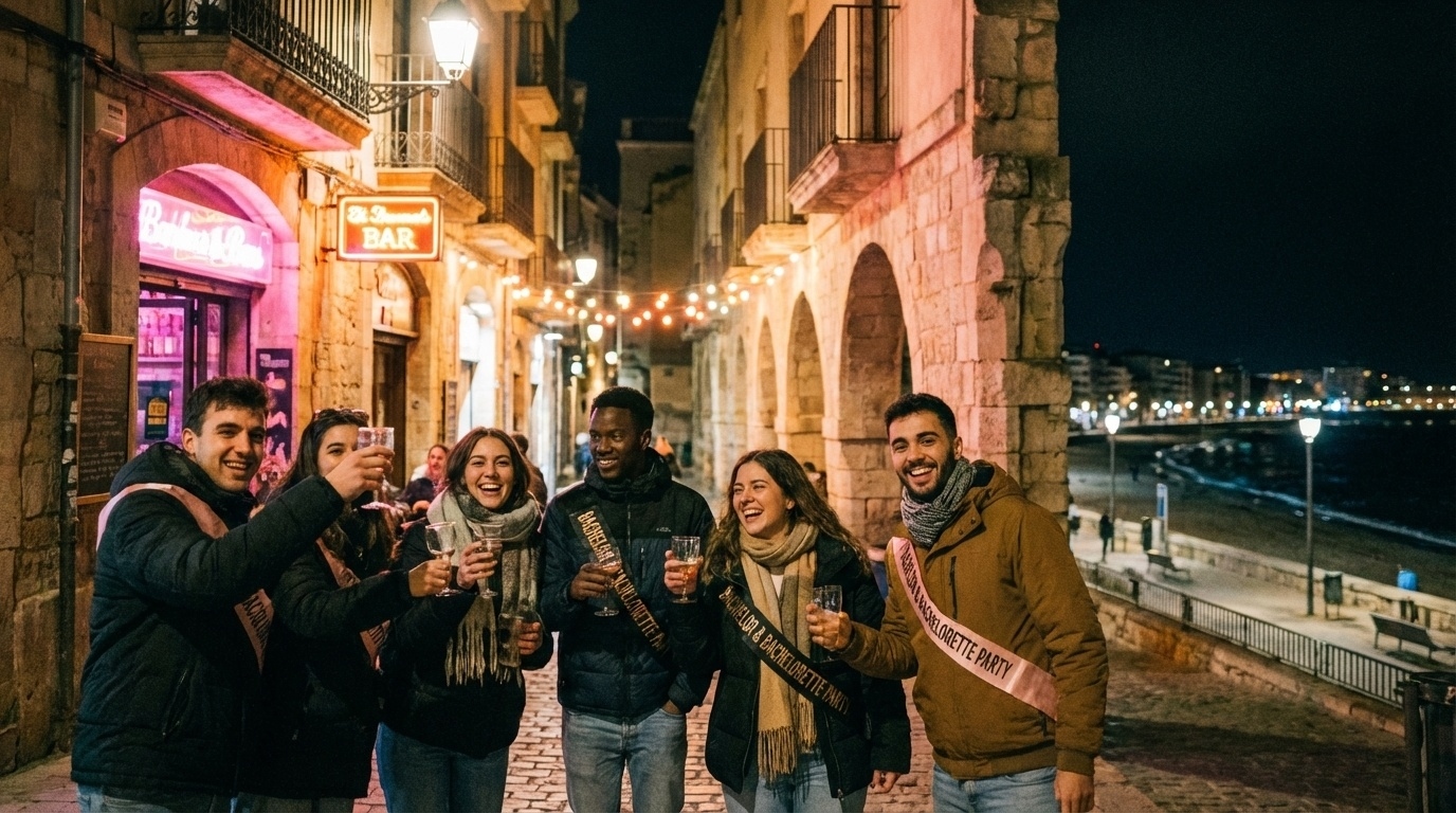 Grupo celebrando una despedida en Tarragona con ambiente de fiesta nocturna