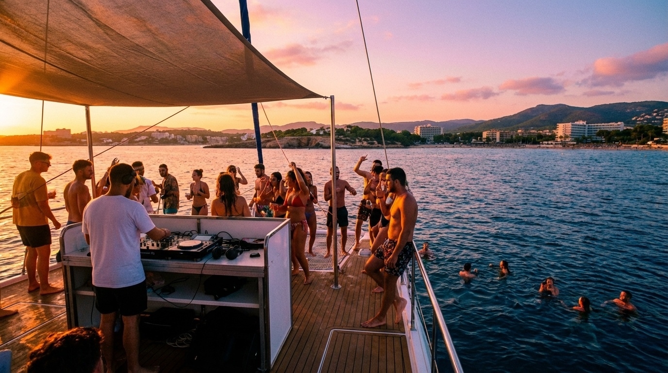 Fiesta en barco en Salou con DJ y grupo disfrutando en alta mar